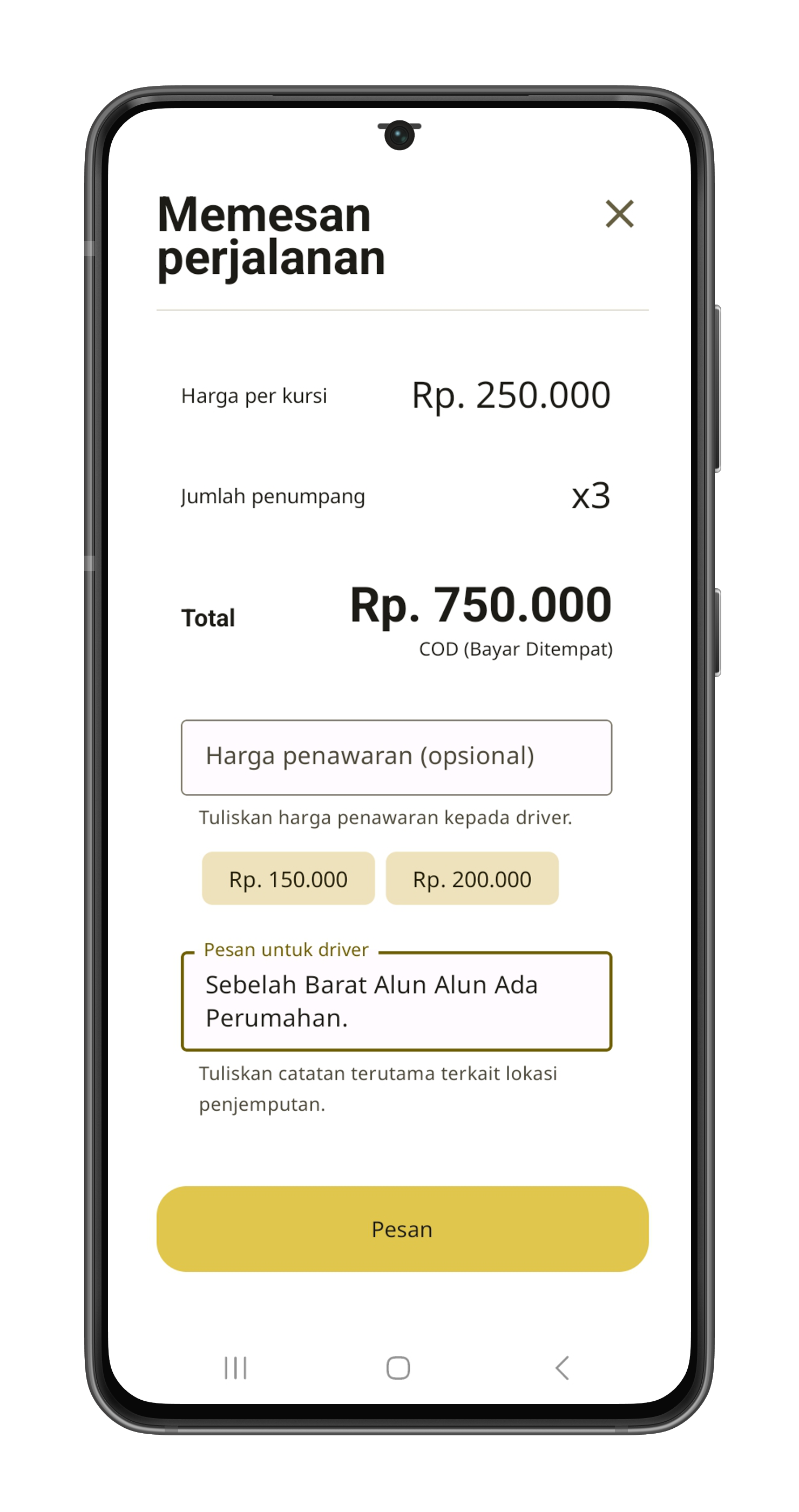 Tangkapan layar: Form pemesanan cepat